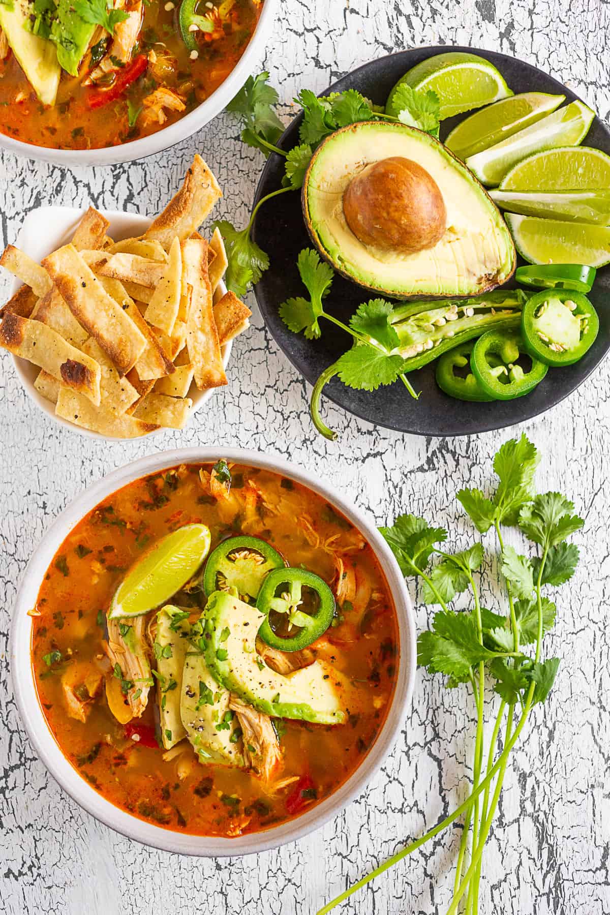 Chicken Avocado Cilantro Lime Soup in a bowl.