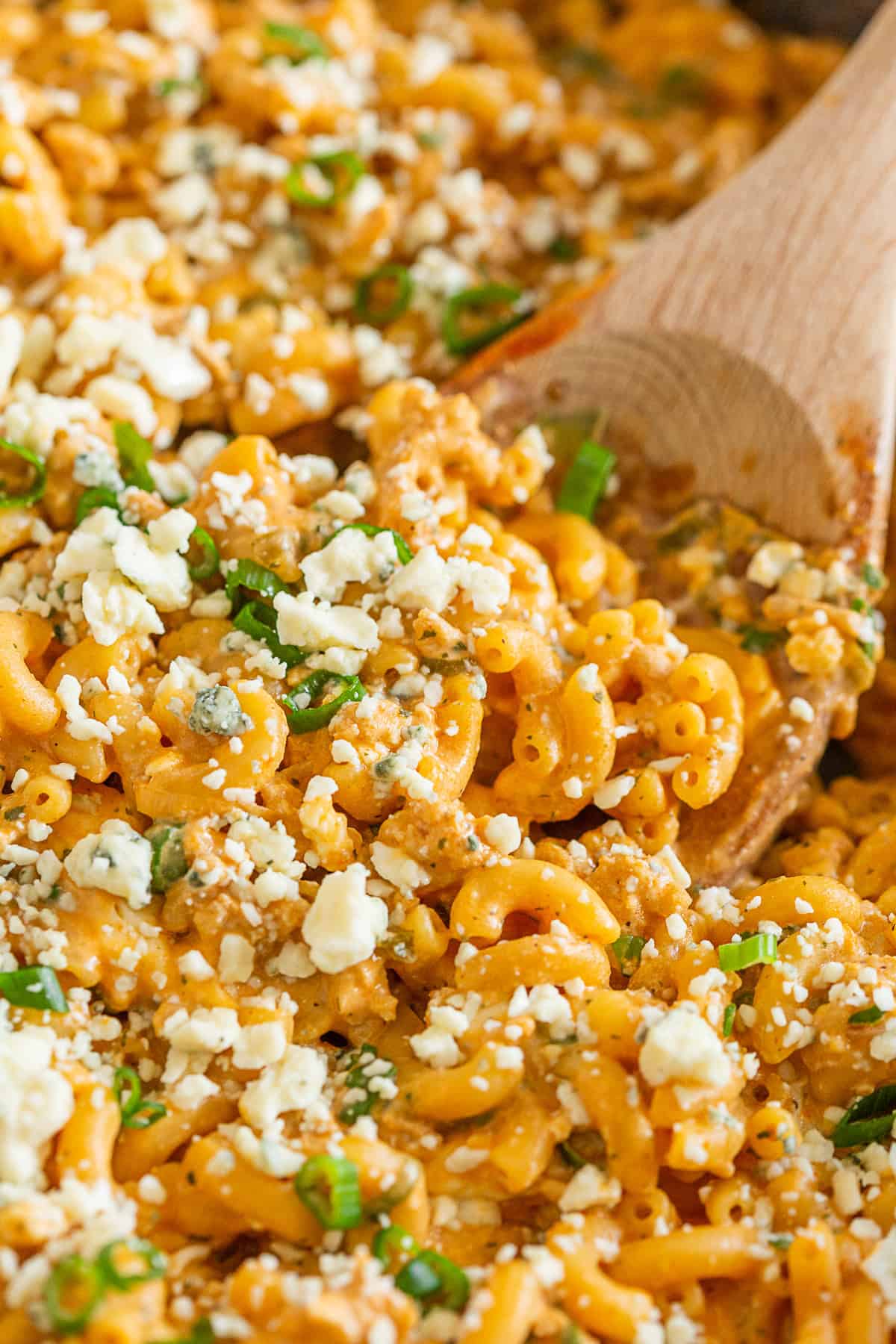 Up close of buffalo chicken pasta to show blue cheese crumbles. 
