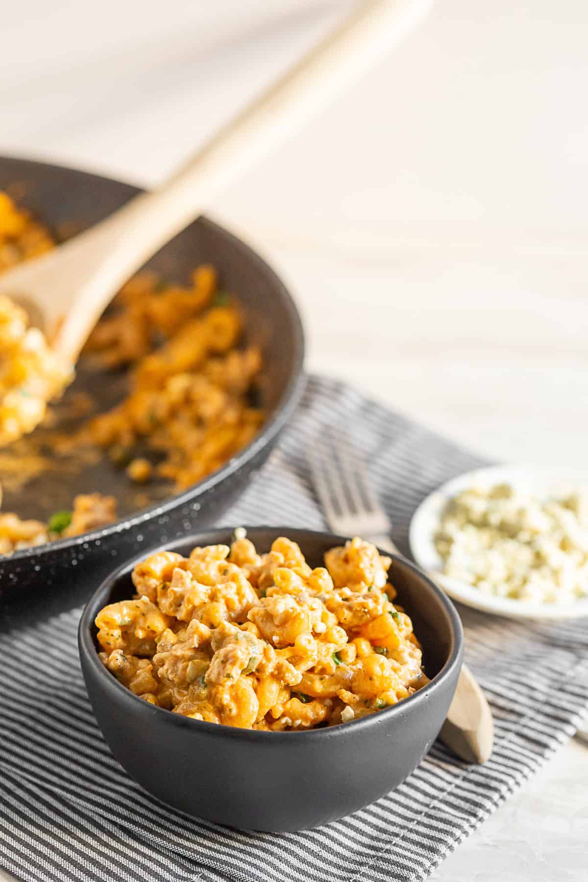 One Pot Buffalo Chicken Pasta in a black bowl. 