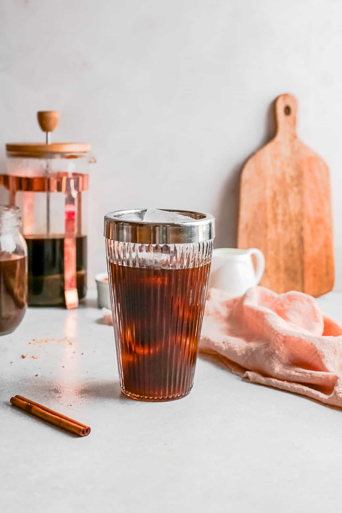 A coffee drink in a cup. 