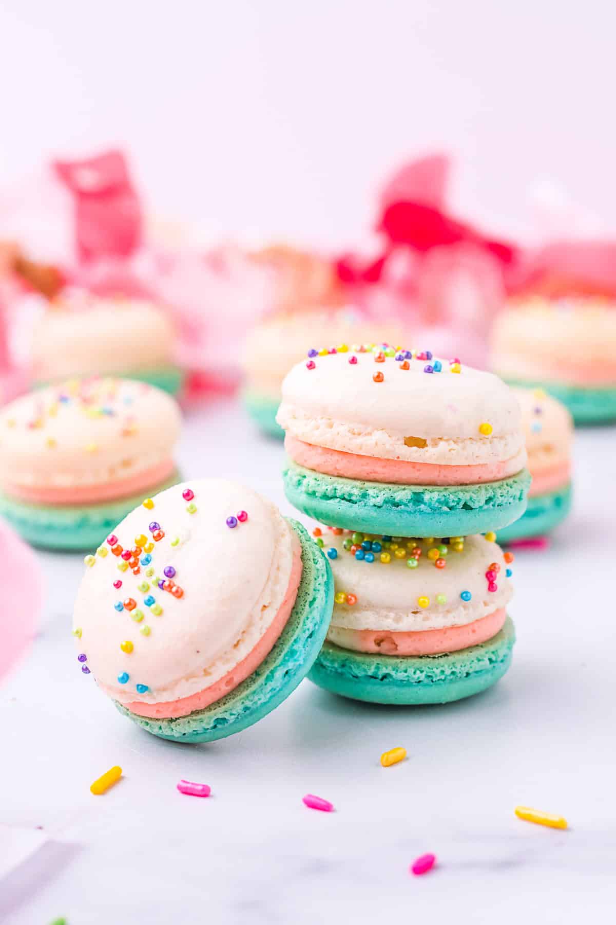 birthday cake macarons stacked 