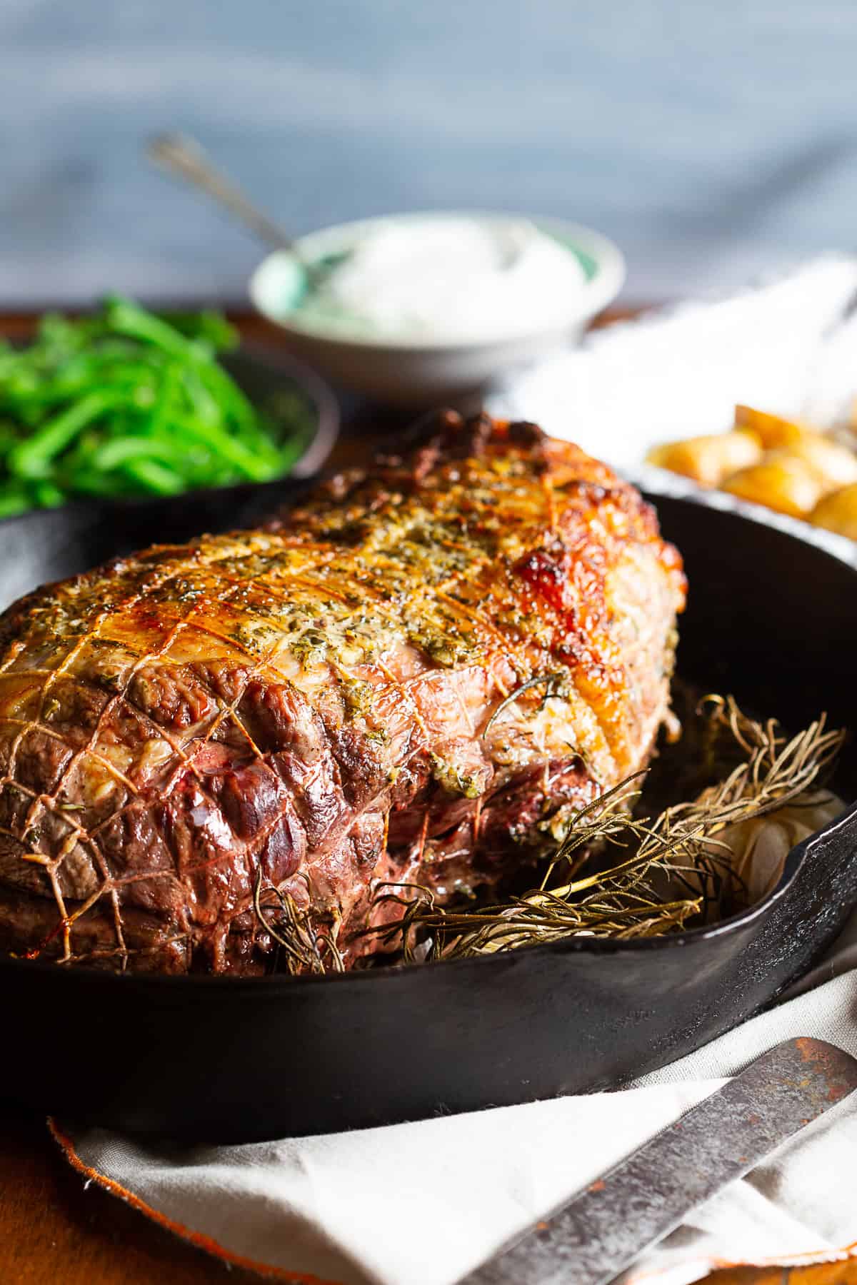 Garlic Rosemary Roast Leg of Lamb served whole. 