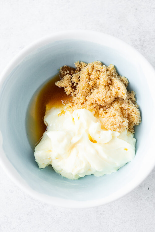 mayonnaise, brown sugar, and apple cider vinegar in a bowl. 