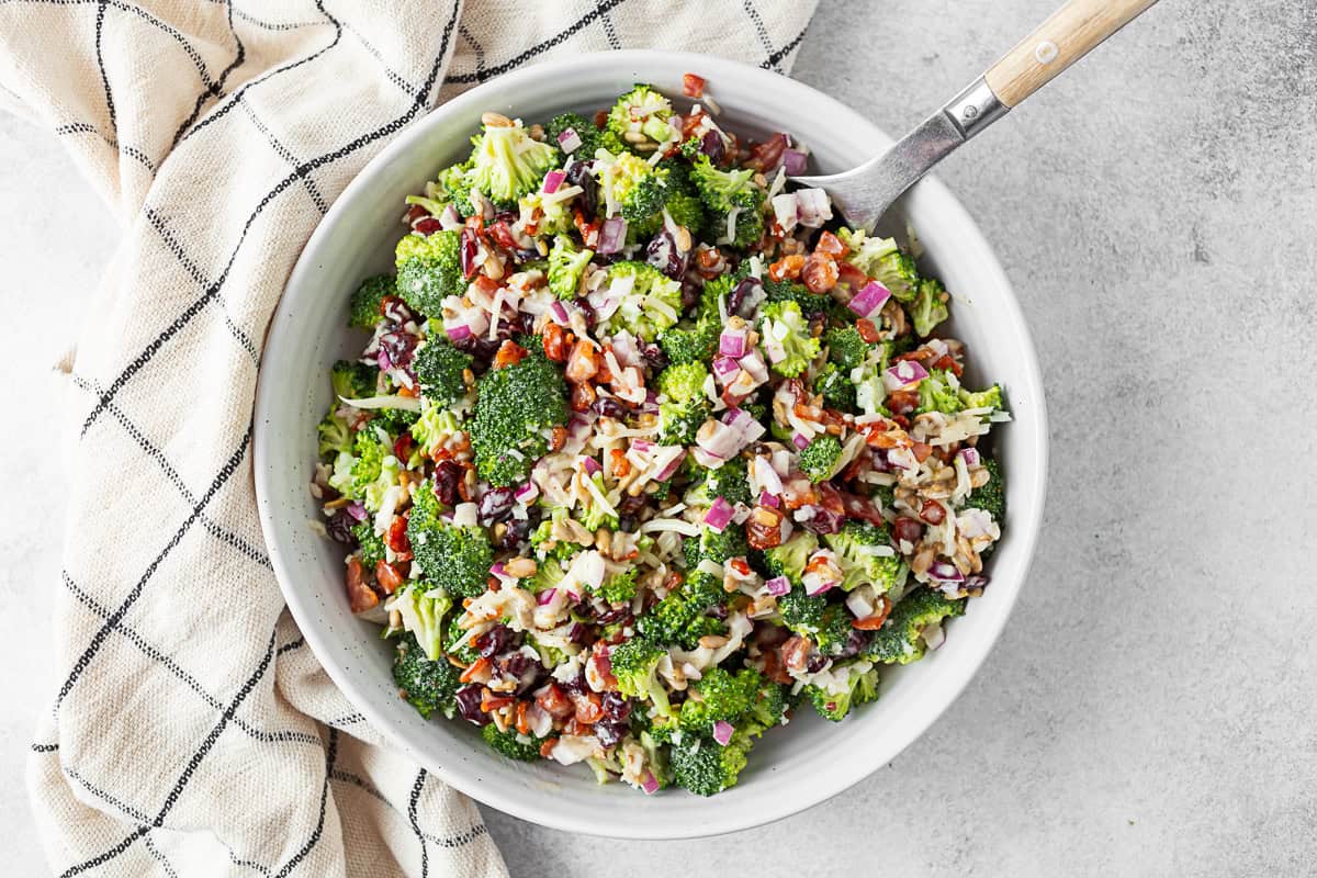 The Best Broccoli Salad in a white bowl. 