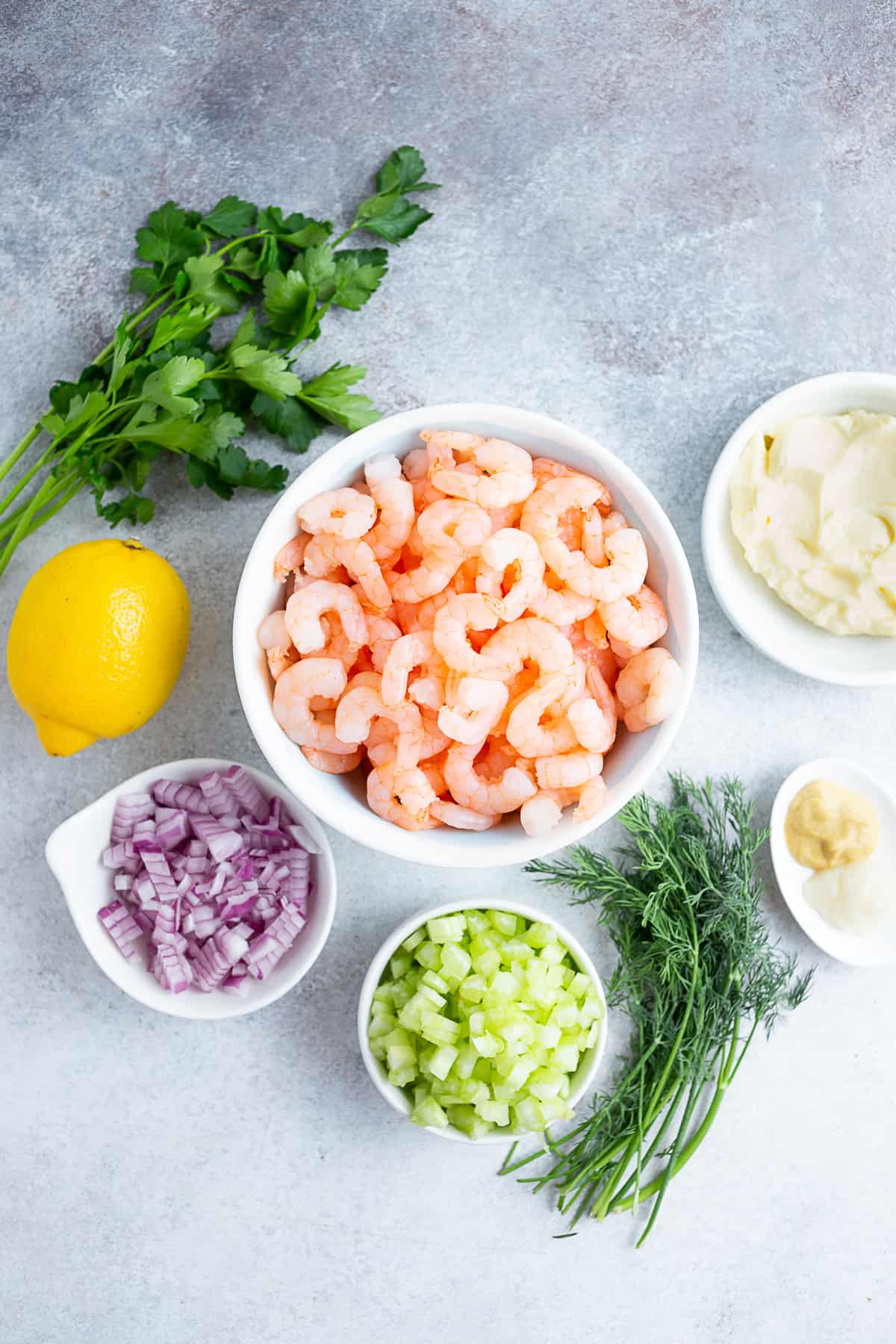 Classic Shrimp Salad ingredients on a table.