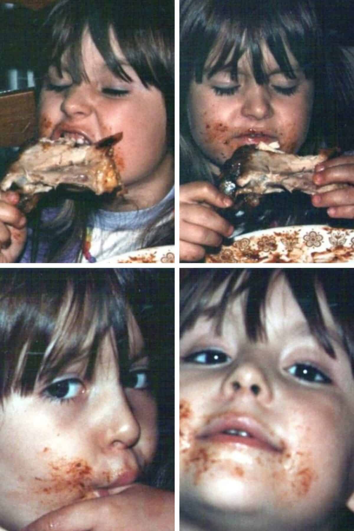 A collage of 4 pictures of a child eating bbq chicken with sauce all over her face.