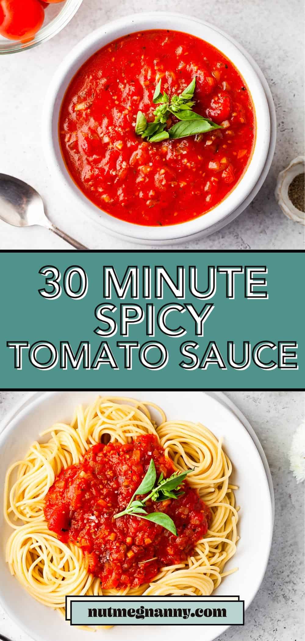 Spicy Tomato Sauce graphic pin for Pinterest.
