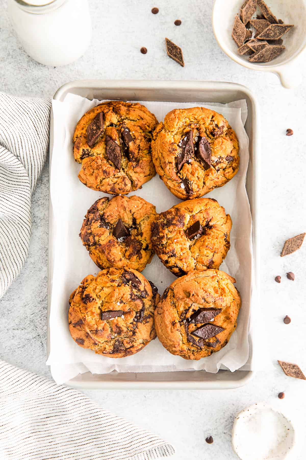 Air Fryer Chocolate Chip Cookies on a small baking sheet pan. 