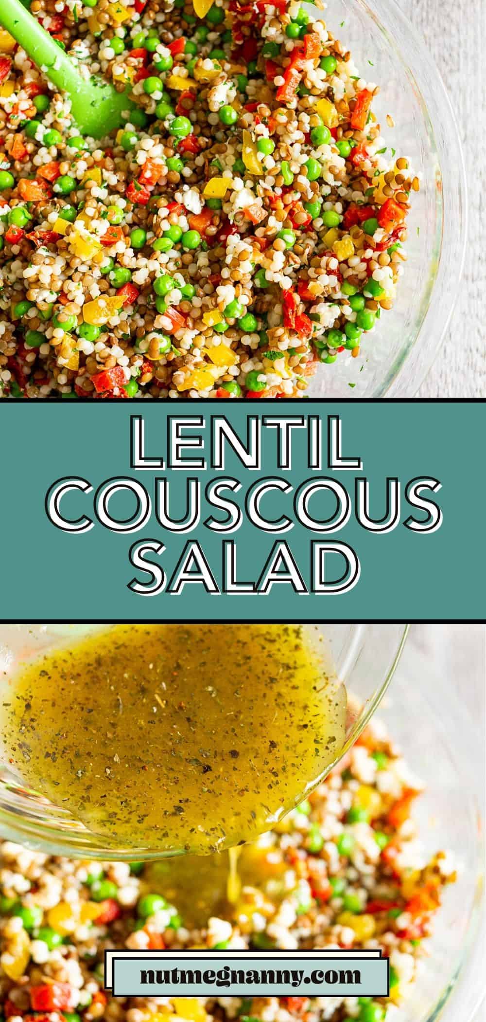 Lentil Couscous salad long graphic pin for Pinterest.