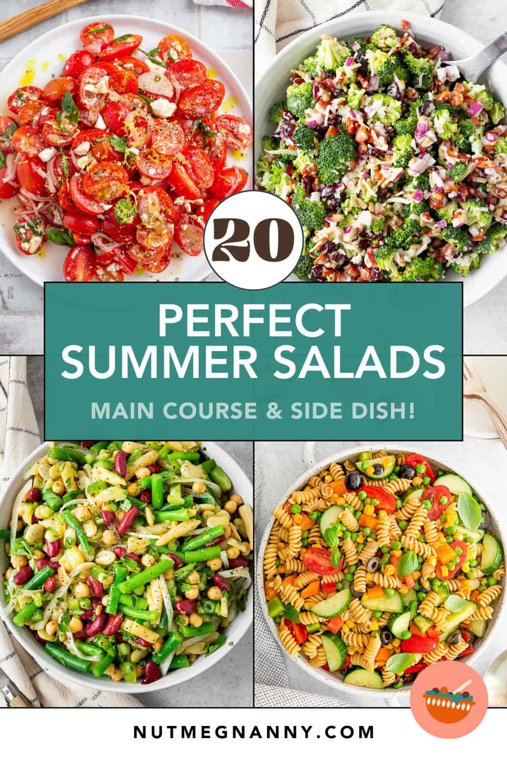 20 Perfect Summer Salads roundup graphic photo for Pinterest. 