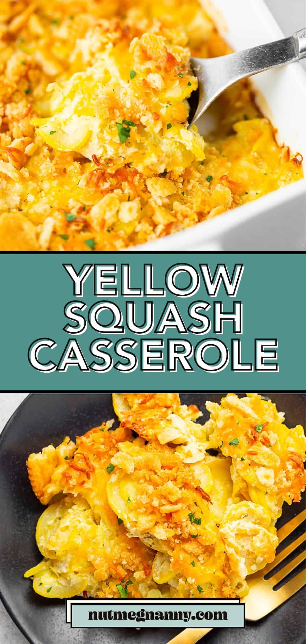 Yellow squash casserole graphic pin for Pinterest. 