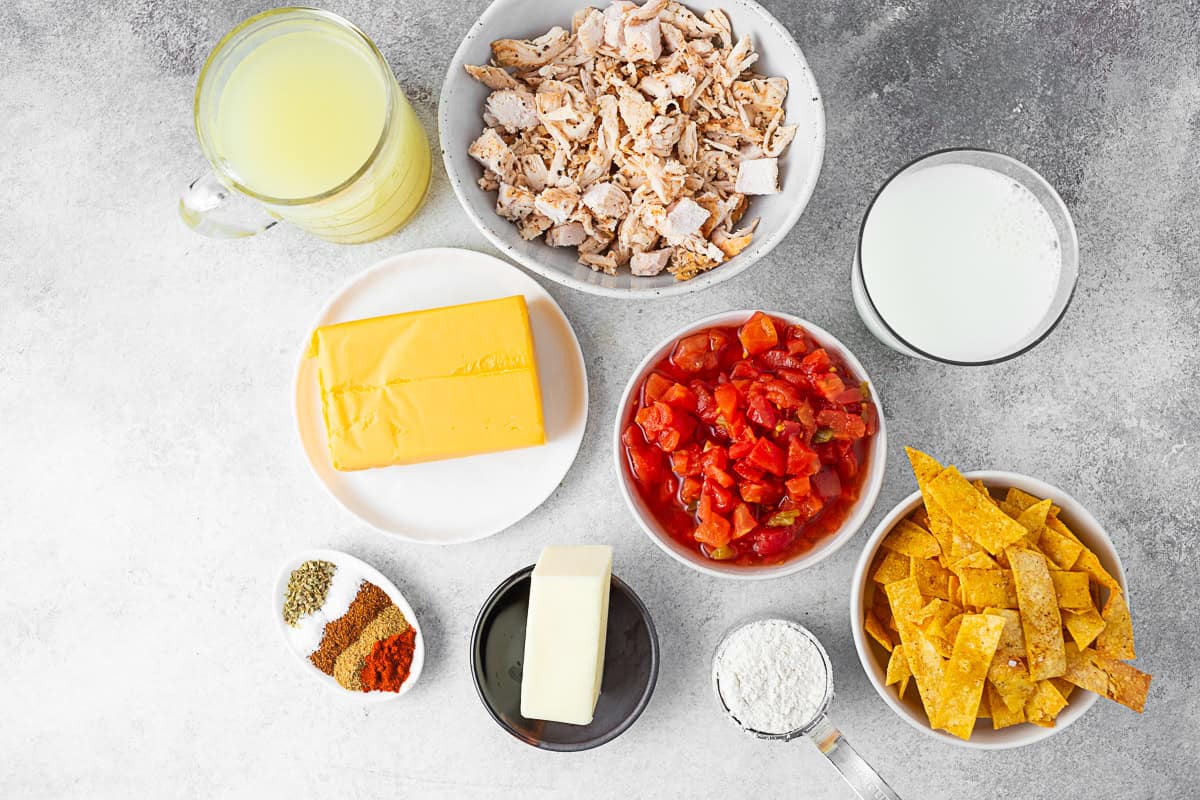 Chicken stock, shredded chicken, milk, tortilla strips, flour, tomatoes, butter, spices, and velveeta on a table. 