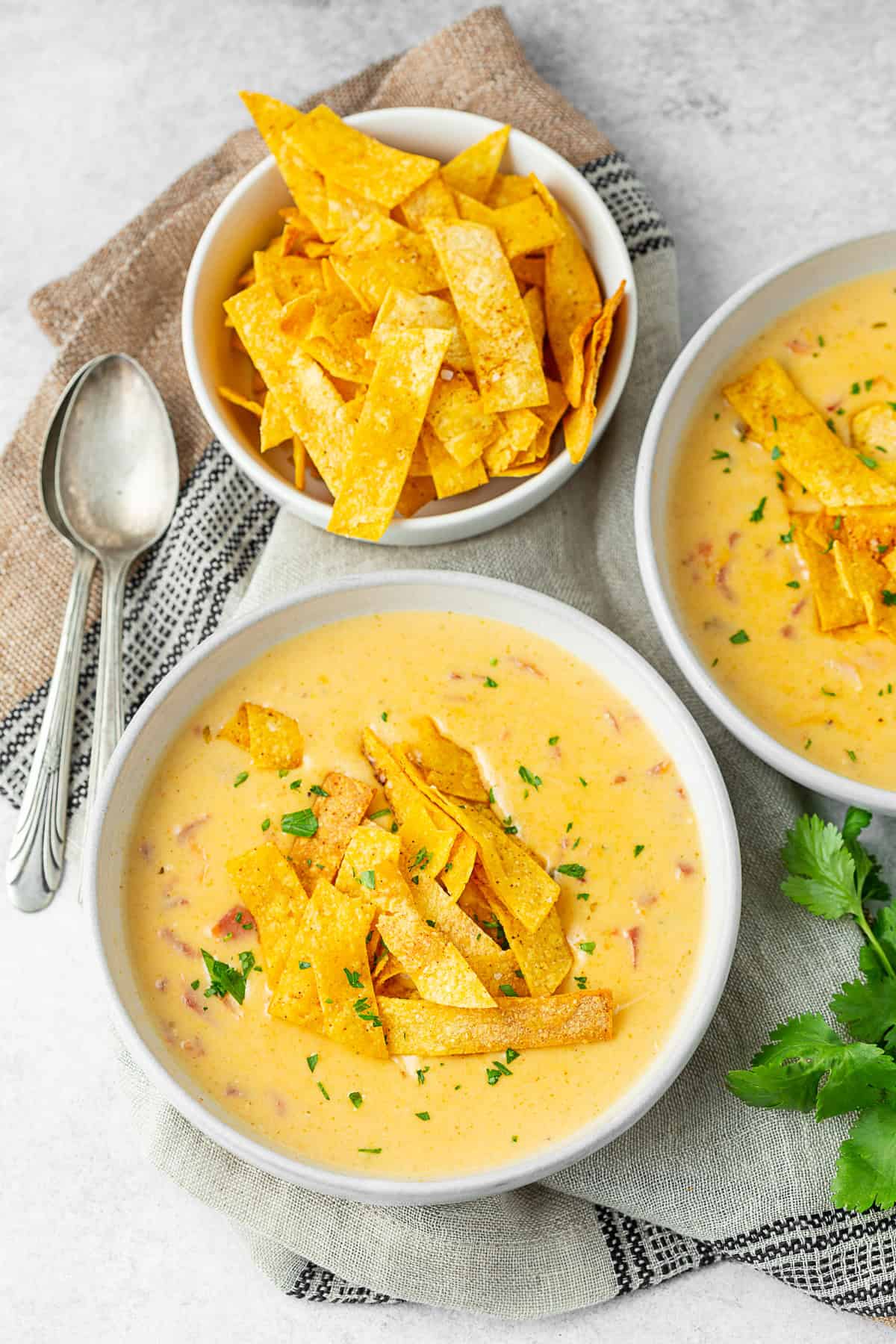 Tortilla soup in two bowls with 2 spoons. 