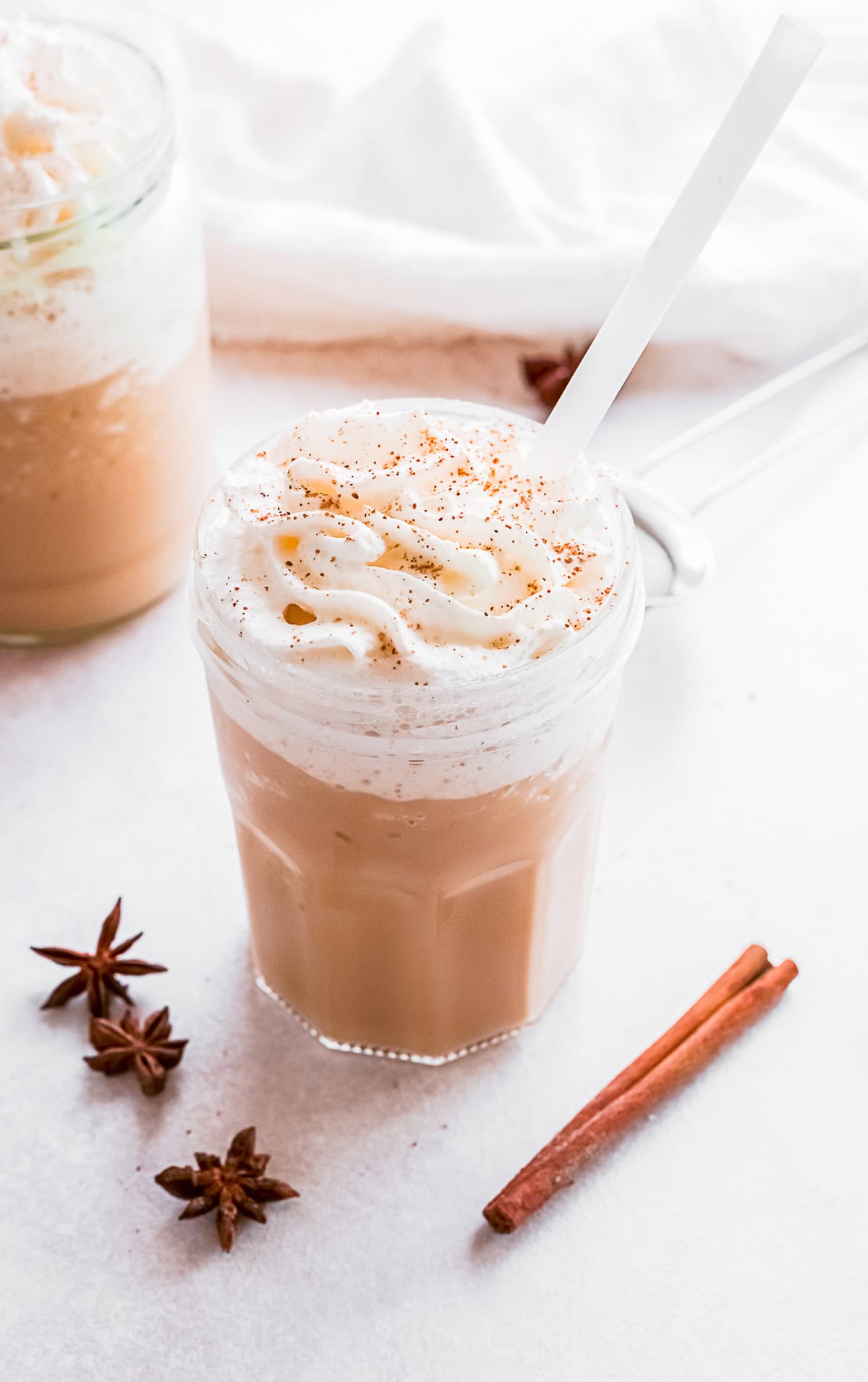 Eggnog Frappuccino topped with whipped cream and nutmeg.