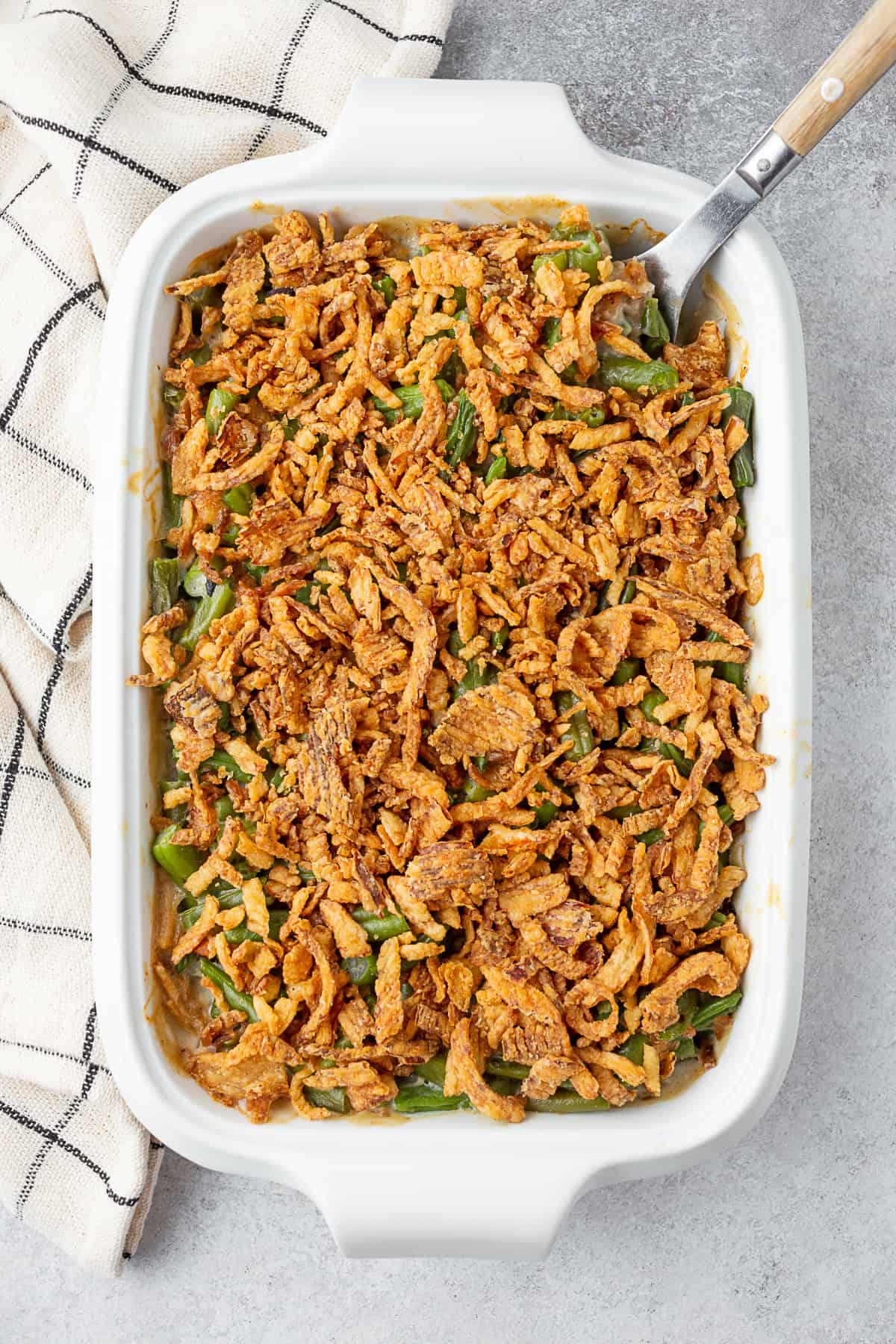Green Bean Casserole in a white casserole dish.