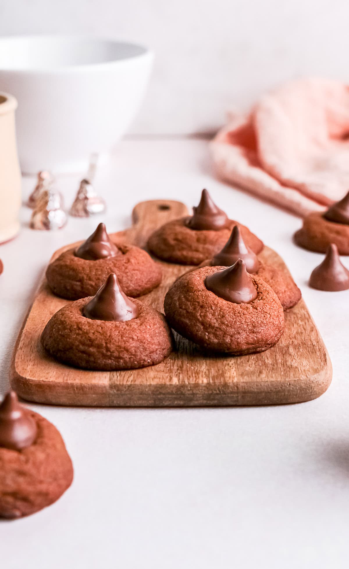 Chocolate Blossom Cookies on a wooden serving tray. 