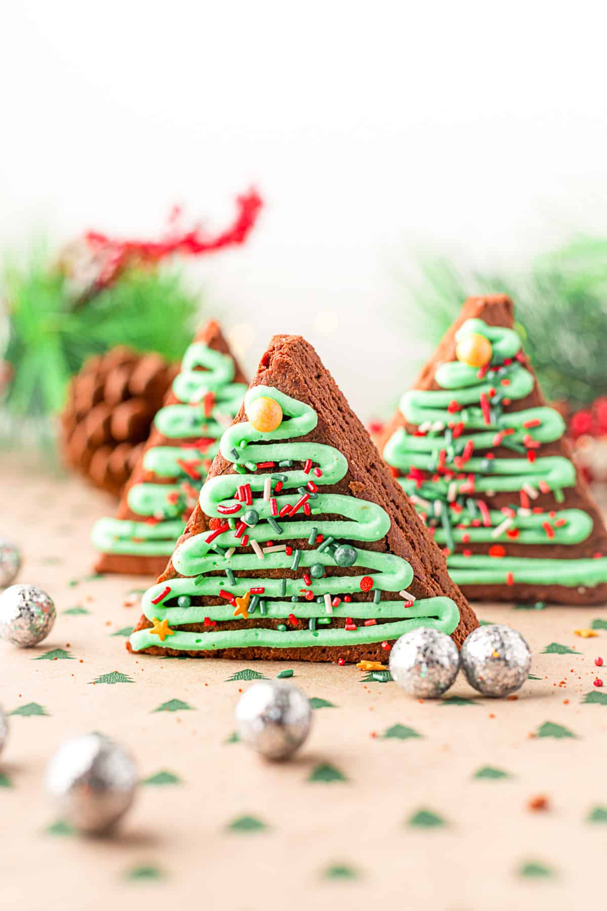 Christmas Tree Brownies decroated with sprinkles. 