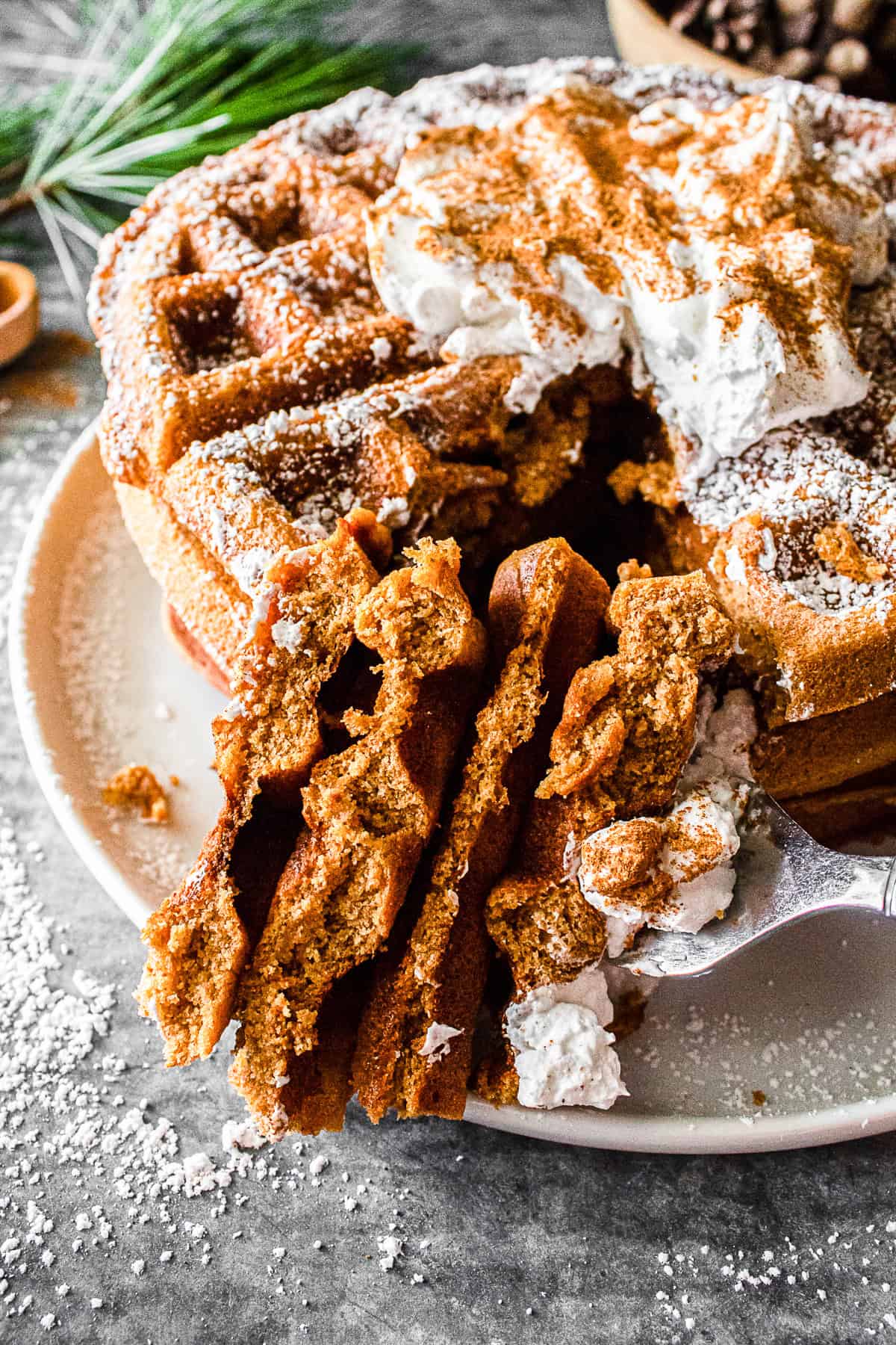 Gingerbread Waffles on a plate with a fork. 