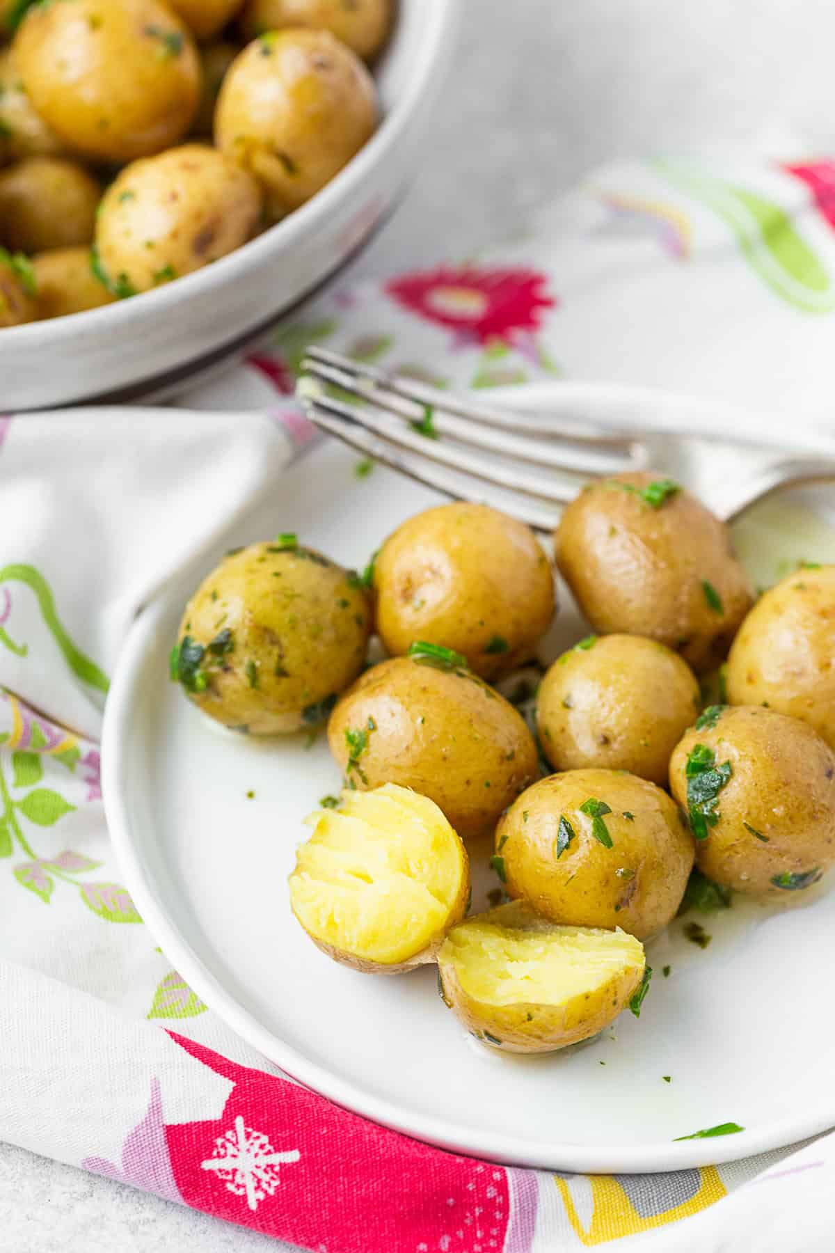 Syracuse Salt Potatoes on a small plate cut in half. 